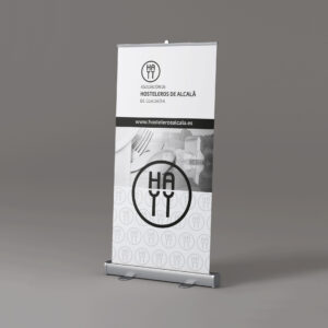 Roll-up con identidad visual para hostelería de la Asociación de Hosteleros de Alcalá de Guadaíra, con logotipo y fotografías del territorio.