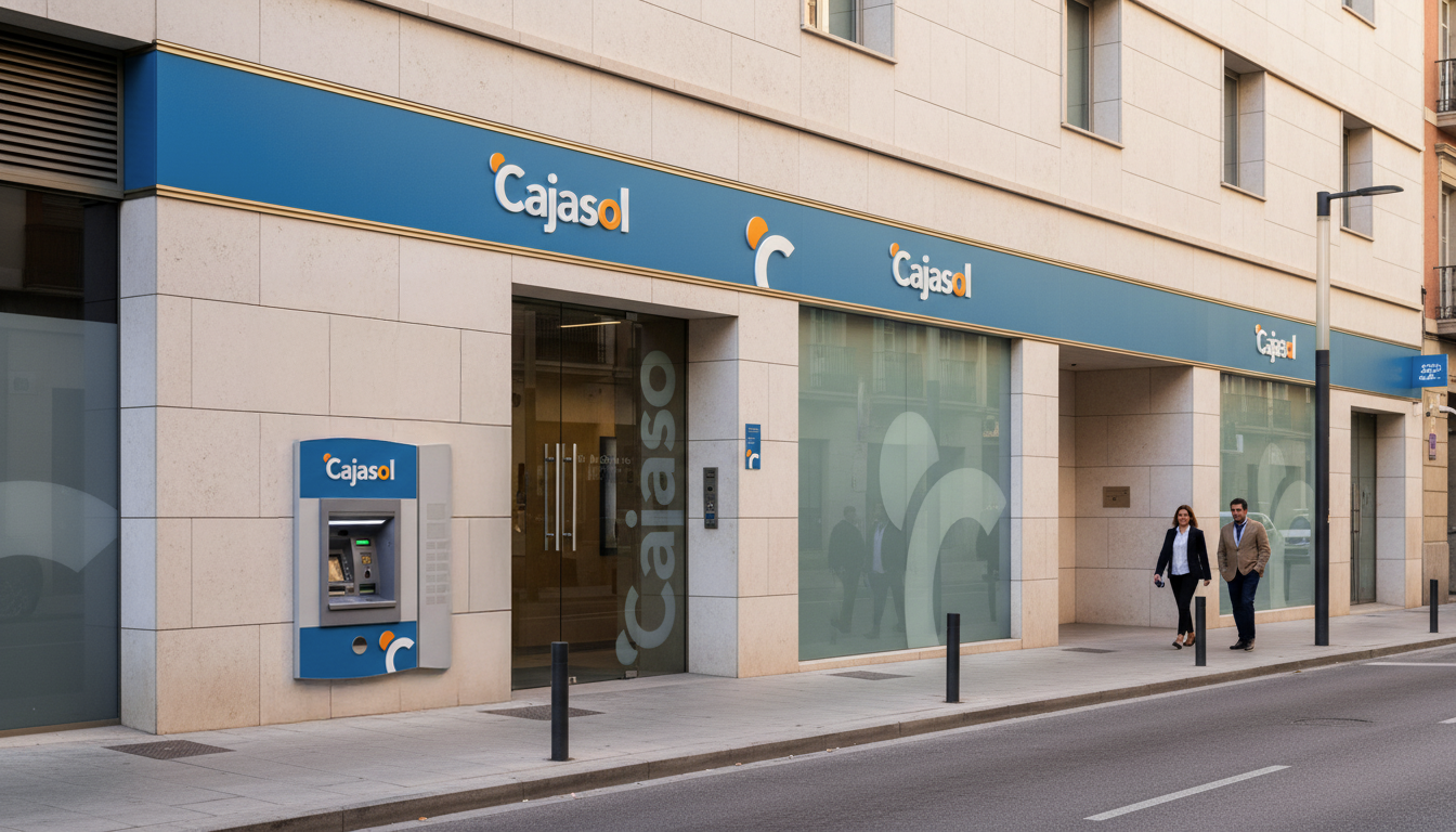 Fachada de oficina Cajasol con dise&ntilde;o de Identidad corporativa Cajasol.