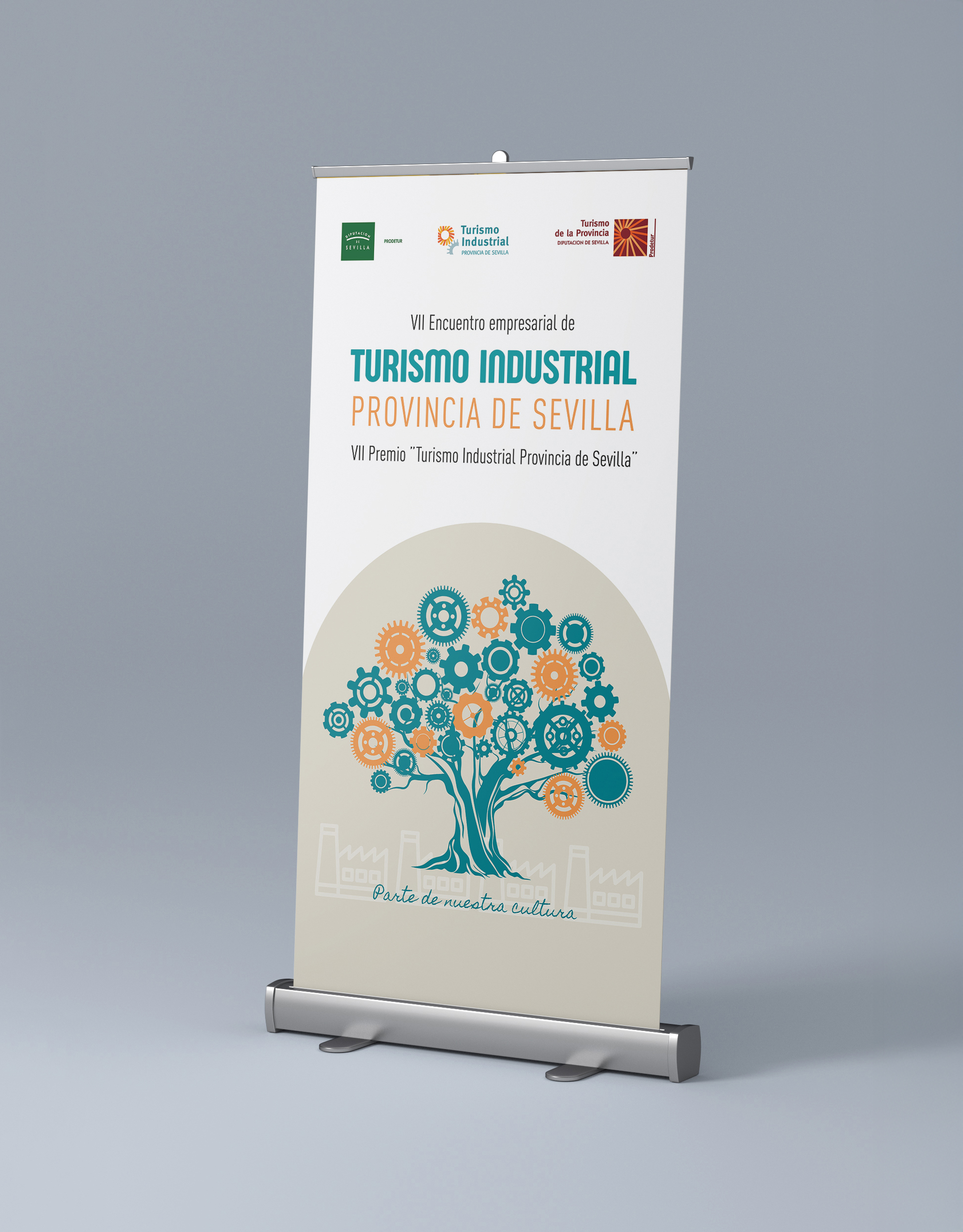 Identidad visual turismo industrial provincia de Sevilla en roll-up con jerarqu&iacute;a institucional