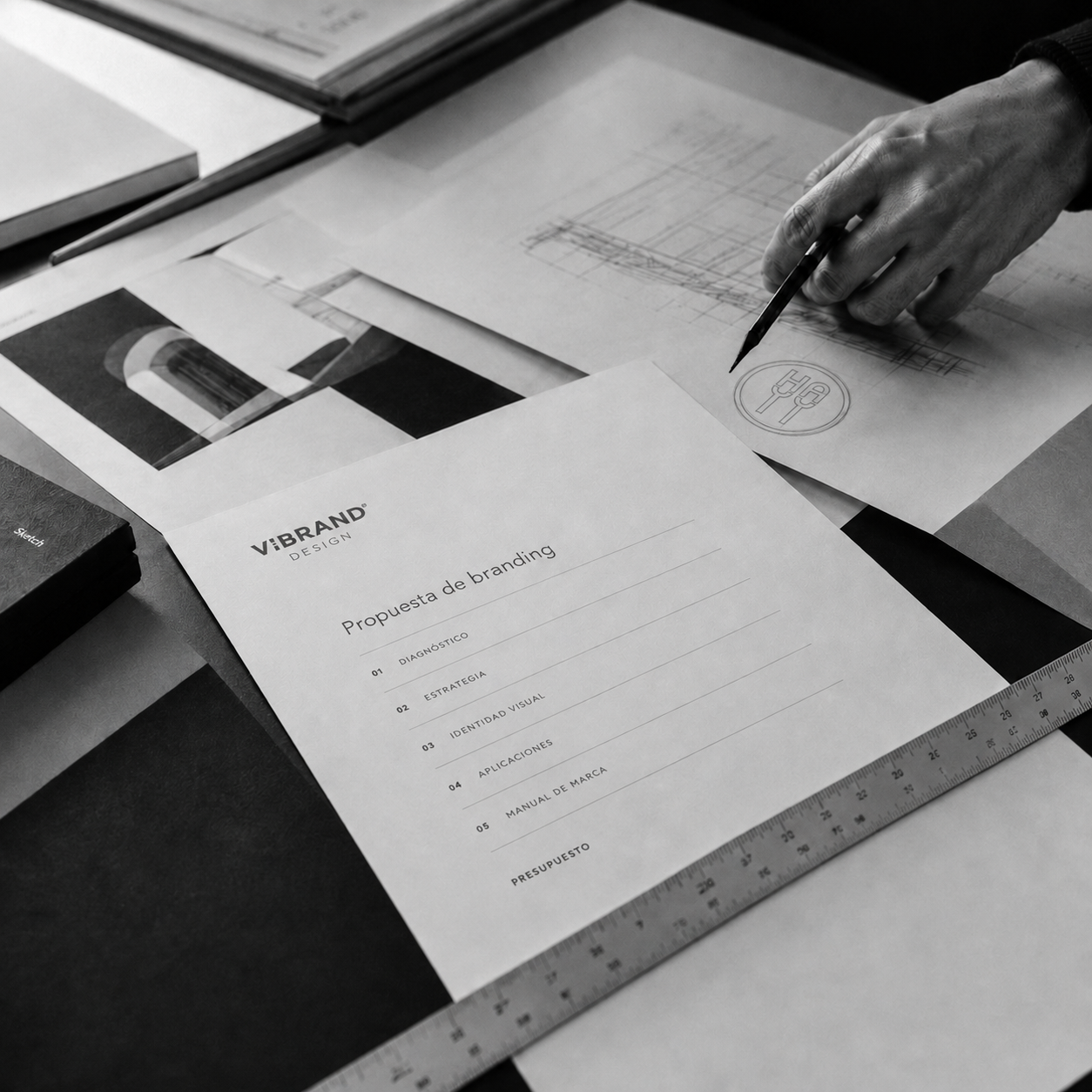 Mesa de trabajo de VIBRAND Design con propuesta de branding y boceto de identidad visual