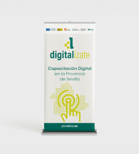 Roll-up con la identidad visual de Digitalízate para el programa de capacitación digital de Prodetur