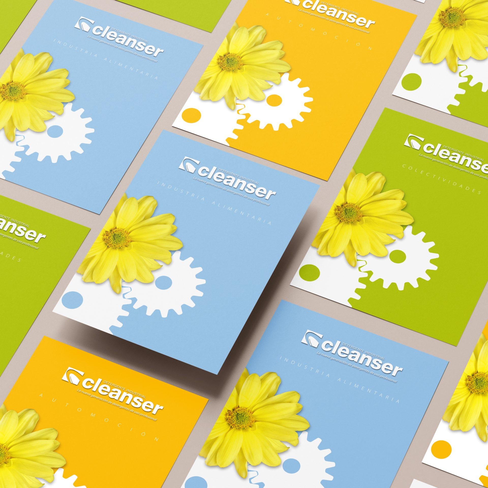 Tres catálogos sectoriales de Cleanser con el concepto del engranaje convertido en flor, diseñados