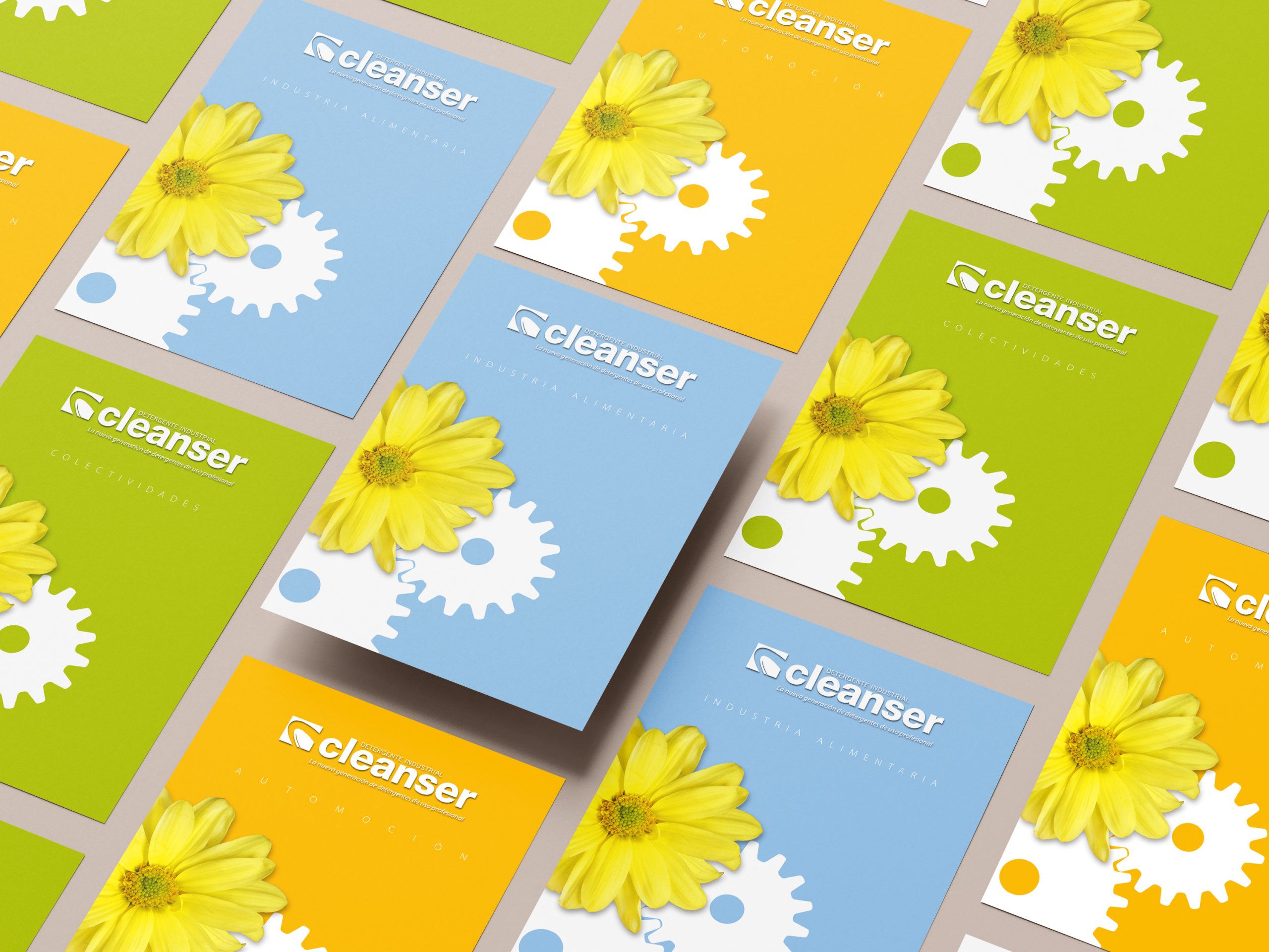 Tres cat&aacute;logos sectoriales de Cleanser con el concepto del engranaje convertido en flor, dise&ntilde;ados