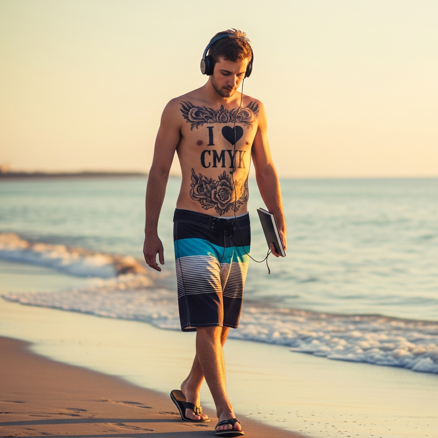 Diseñador gráfico paseando en la playa con auriculares y libreta, proceso de descanso y creatividad en diseño gráfico