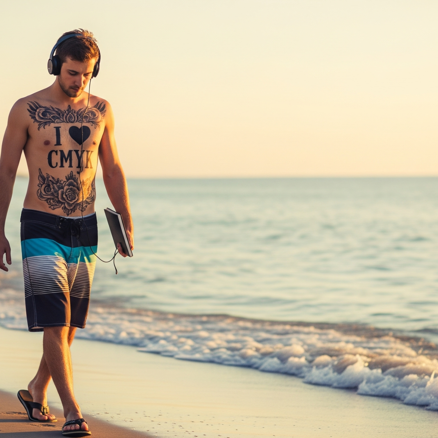 Diseñador gráfico paseando en la playa con auriculares y libreta, ejemplo de descanso y creatividad en diseño gráfico