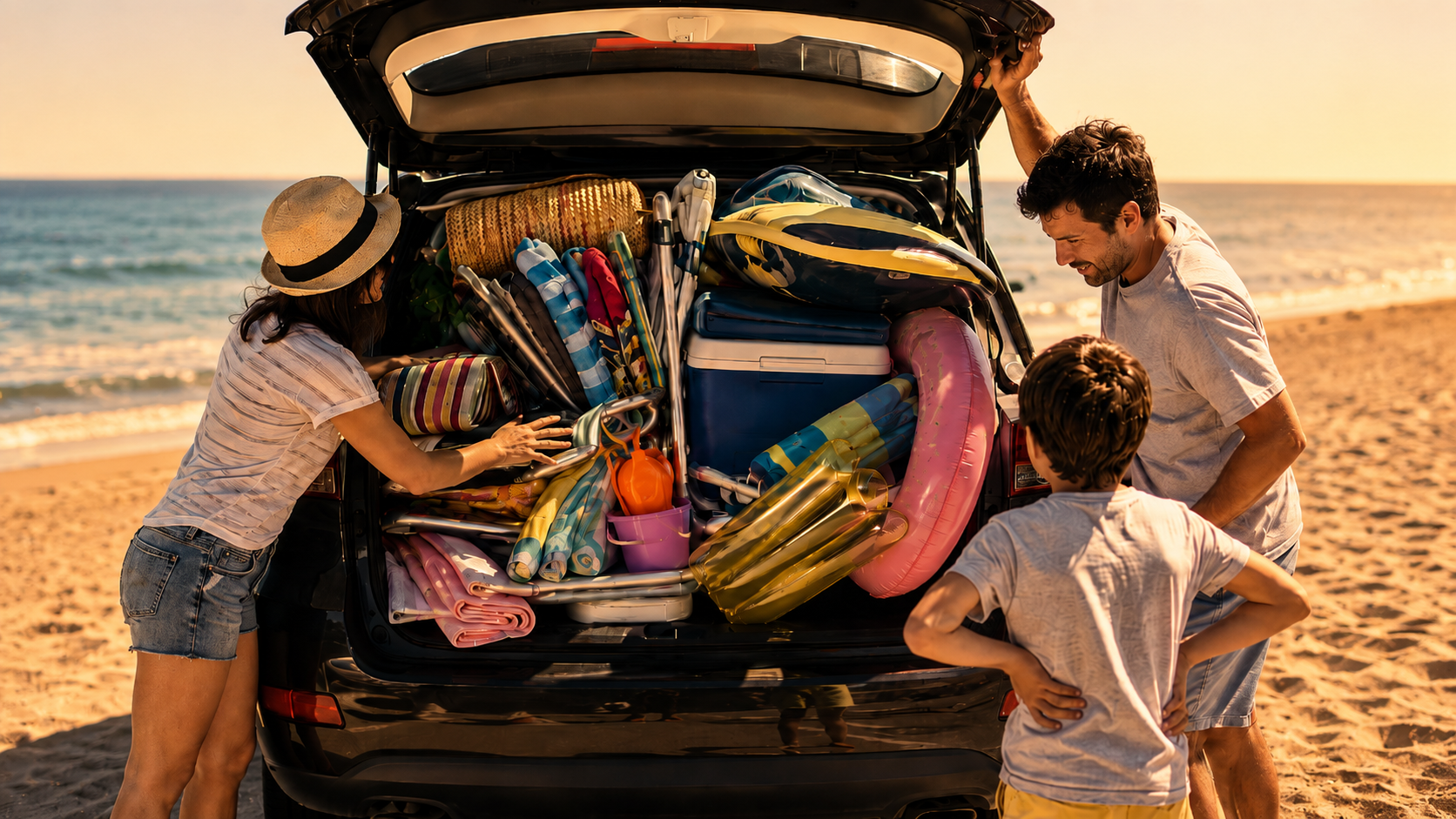 Familia descargando maletero lleno de material de playa como ejemplo de vacaciones que no favorecen el descanso real del diseñador gráfico