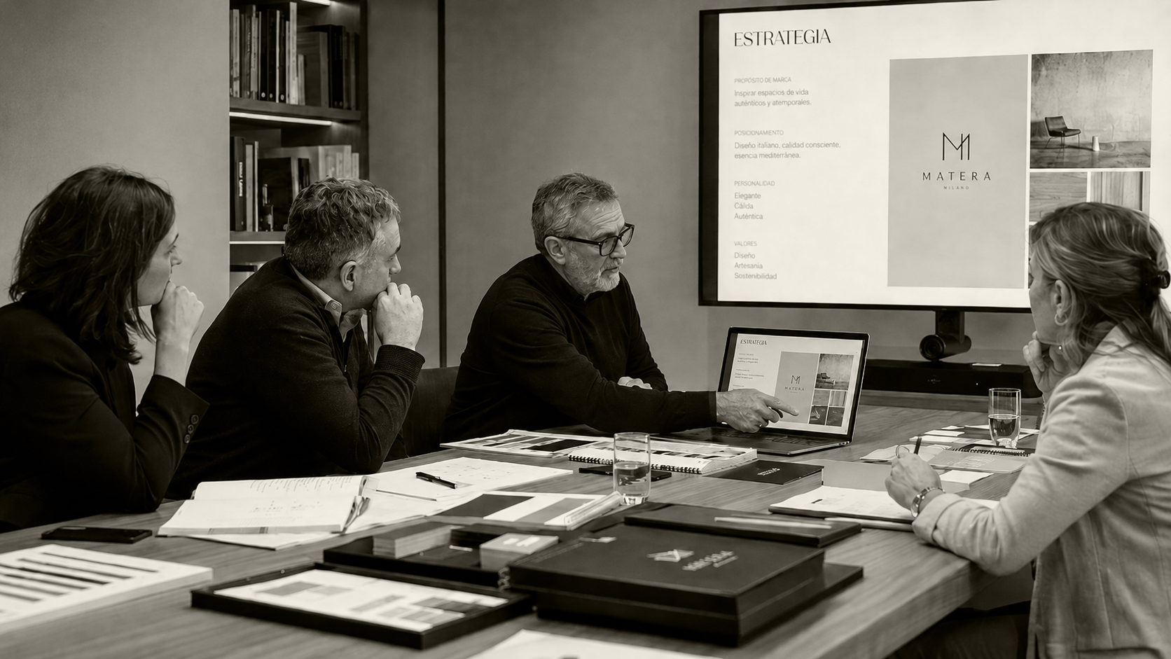 Reunión de presentación de proyecto de branding estratégico entre estudio de diseño senior y empresa cliente