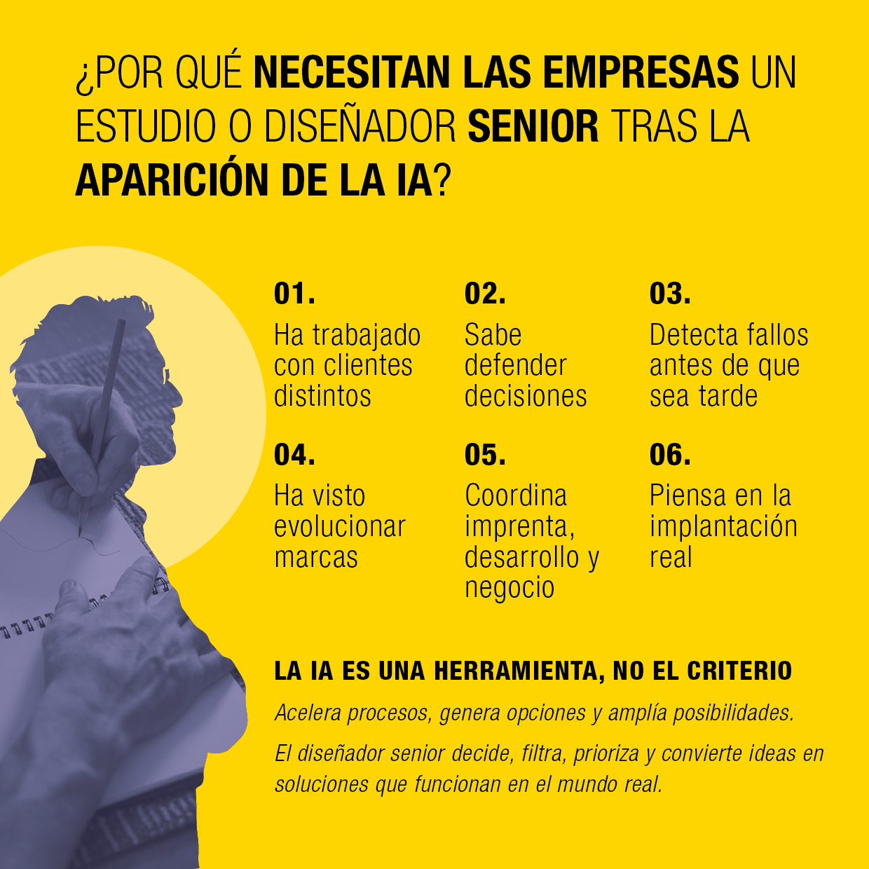 Infografía con seis razones por las que las empresas necesitan un estudio o diseñador senior tras la aparición de la inteligencia artificial