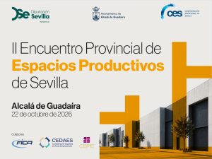 Imagen gráfica para Prodetur del II Encuentro Provincial de Espacios Productivos de Sevilla, con naves industriales en blanco y negro y franjas naranjas.
