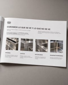 Diseño de dossier comercial de Sanabria y Marín con detalles de uniones, cantos, soldaduras y esquinas de acero inoxidable.