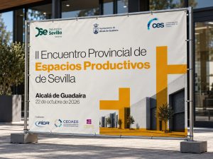Mockup del cartel con la imagen gráfica para Prodetur del II Encuentro Provincial de Espacios Productivos de Sevilla.