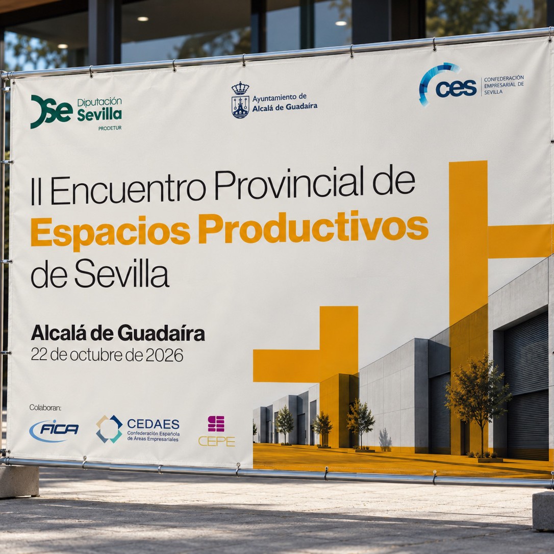 Mockup del cartel con la imagen gráfica para Prodetur del II Encuentro Provincial de Espacios Productivos de Sevilla.