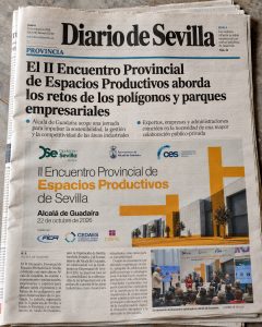 Imagen gráfica para Prodetur reproducida en una página de Diario de Sevilla sobre el II Encuentro Provincial de Espacios Productivos de Sevilla.