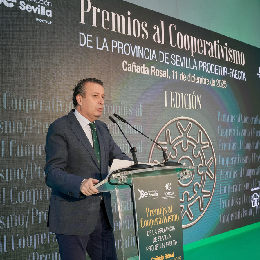 Diseño gráfico para eventos en Sevilla aplicado al atril de los I Premios al Cooperativismo de Prodetur y FAECTA.