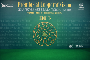 Diseño gráfico para eventos en Sevilla aplicado al fondo de escenario de los I Premios al Cooperativismo de Prodetur-FAECTA.